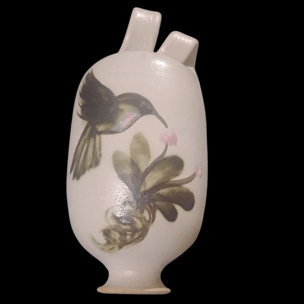 Ellis Pottery Stoneware Bird House/Feeder Hand Painted Hummingbird w/Handle 5.5"